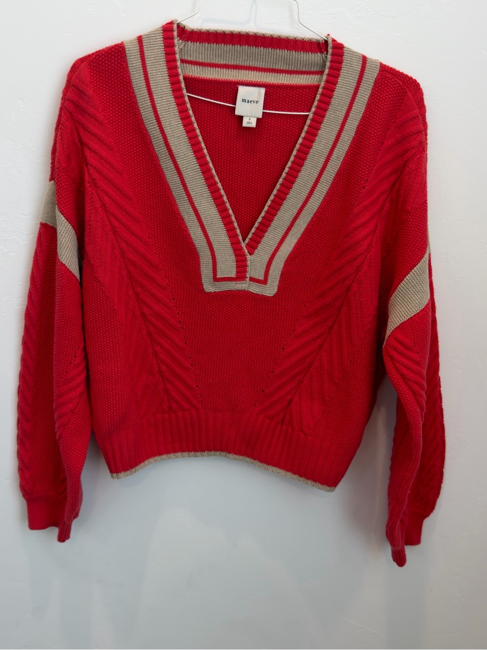 Maeve Red‎ V-Neck Sweater with Tan Stripe Trim
